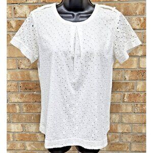 Burberry London Eyelet/Broderie Pleat Pintuck Short Sleeve Crewneck Blouse White